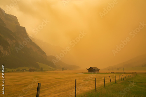 Solitary farmhouse stands amidst a sweeping landscape under a dense veil of Sahara dust. The storm paints the entire valley in sepia tones, creating a serene yet eerie atmosphere in the Alpine region photo