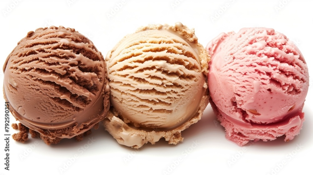 Three scoops of ice cream with chocolate, vanilla, and strawberry flavors on white Three scoops of ice cream with chocolate, vanilla, and strawberry flavors on white