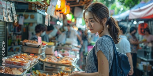 Japanese woman at an outdoor market, exploring food stalls, vibrant atmosphere, daylight, casual clothing © dfc22