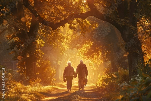 elderly couple walking hand in hand, lush park setting, serene atmosphere, warm sunlight © dfc22