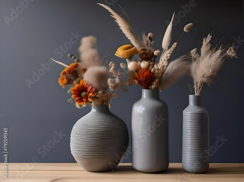 Studio shot of grey vase with dried and fresh flowers photo