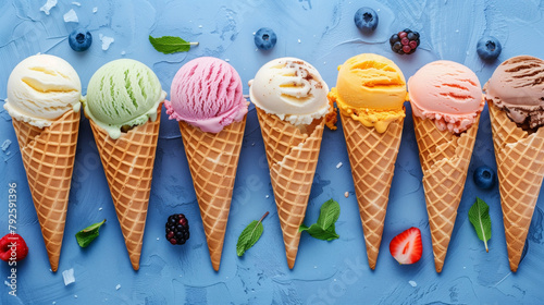 A variety of colorful ice cream cones arranged on a blue textured background