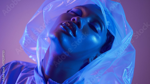 a black woman in a blue surrouinding with a white hoodie and sleeves with a purple background, neon lights, futuristic fashion