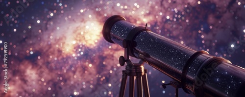 Antique brass telescope against a shimmering starry night sky