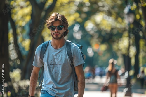 young New Yorker in trendy summer outfit, casual t-shirt, denim shorts, stylish sunglasses, walking in a city park