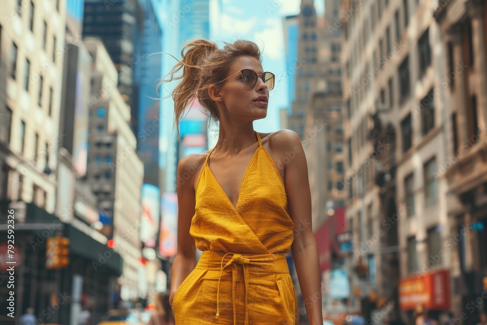 New York woman in a summer jumpsuit, vibrant colors, relaxed style, walking through a bustling city