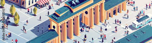 An isometric 3D vector illustration showing the historic Brandenburg Gate at the heart of Berlin, bustling with tourists and street performers, capturing the spirit of German culture and history photo