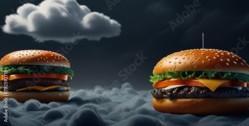 Hamburger, in the style of dark silver and orange, clouds, cartoonish innocence, slumpeddraped, made of emotions, light white and dark navy, reduction of anatomy photo