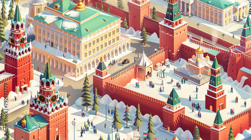 A picturesque 3D vector isometric rendering of the Stylized depiction of the Grand Kremlin Palace and surrounding Kremlin complex with intricate details and vibrant colors..