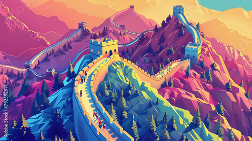 Artistic isometric view of the Great Wall of China with visitors walking along its historic pathways.