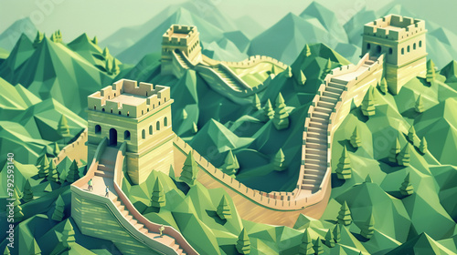 Artistic isometric view of the Great Wall of China with visitors walking along its historic pathways..Great wall photo