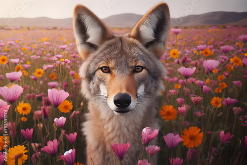 coyote in a field of flowers looking at the camera, portrait of wild