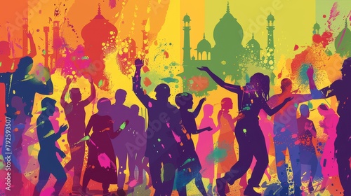A vintage travel poster style image promoting Holi celebrations in delhi. Bold colors and stylized figures depict people throwing colored powder dancing and playing dhol
