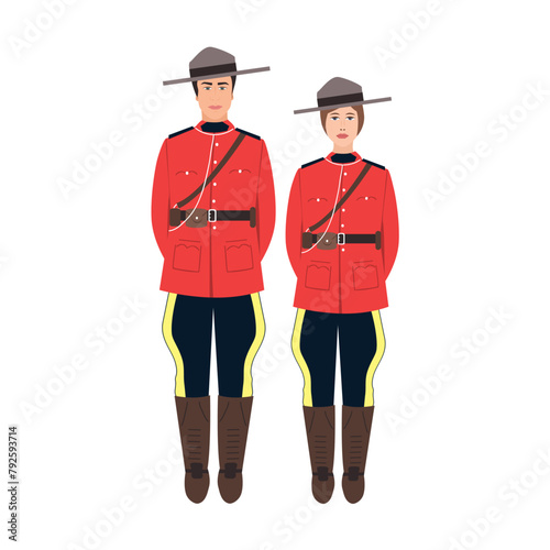 Canadian policeman and policewoman in traditional uniform - scarlet tunic and breeches. Full length portrait of royal Canadian mounted police person. Cartoon vector illustration isolated on white