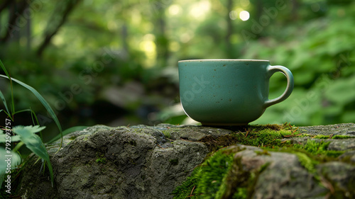 A serene tea cup placed on a moss-covered rock in the heart of a tranquil forest