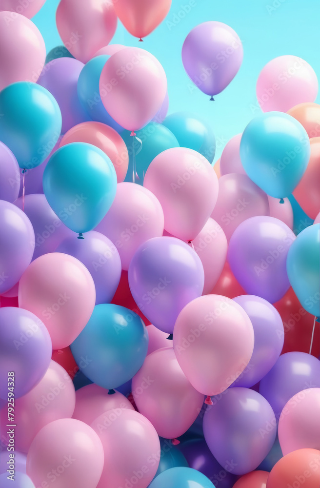 Many inflatable balloons of pink, blue, and violet delicate shades fly upward, a piece of blue sky Many inflatable balloons of pink, blue, and violet delicate shades fly upward, a piece of blue sky