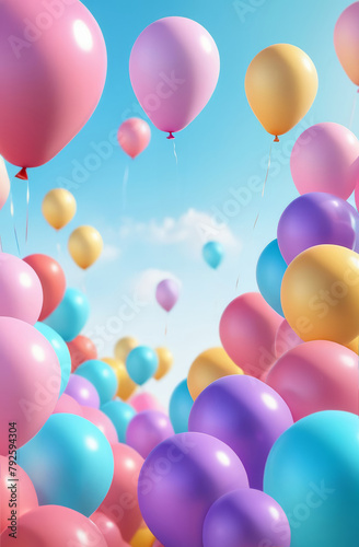 Frame of flying balloons on a background of blue sky. Pink, blue, yellow, purple.