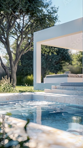 Chic Rustic Outdoor White Swimming Pool with Garden Access © Stefano