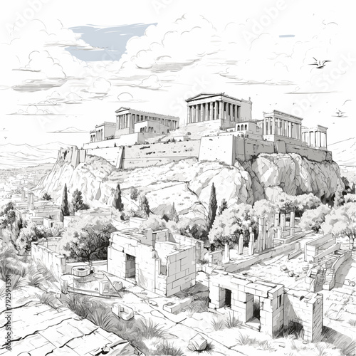 Acropolis hand-drawn comic illustration. Acropolis. Vector doodle style cartoon illustration