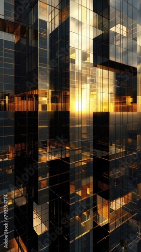 3D black skyscrapers with golden windows reflecting the setting sun