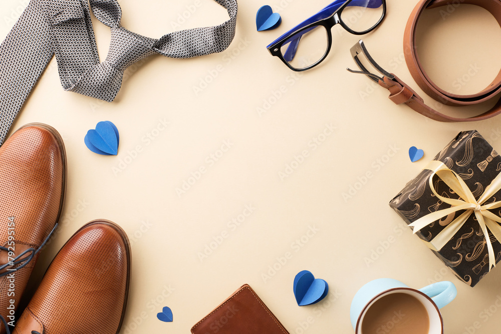 Curated flat lay for Father's Day including a gift, tie, shoes, belt, and decorative hearts on beige background with space for ad Curated flat lay for Father's Day including a gift, tie, shoes, belt, and decorative hearts on beige background with space for ad