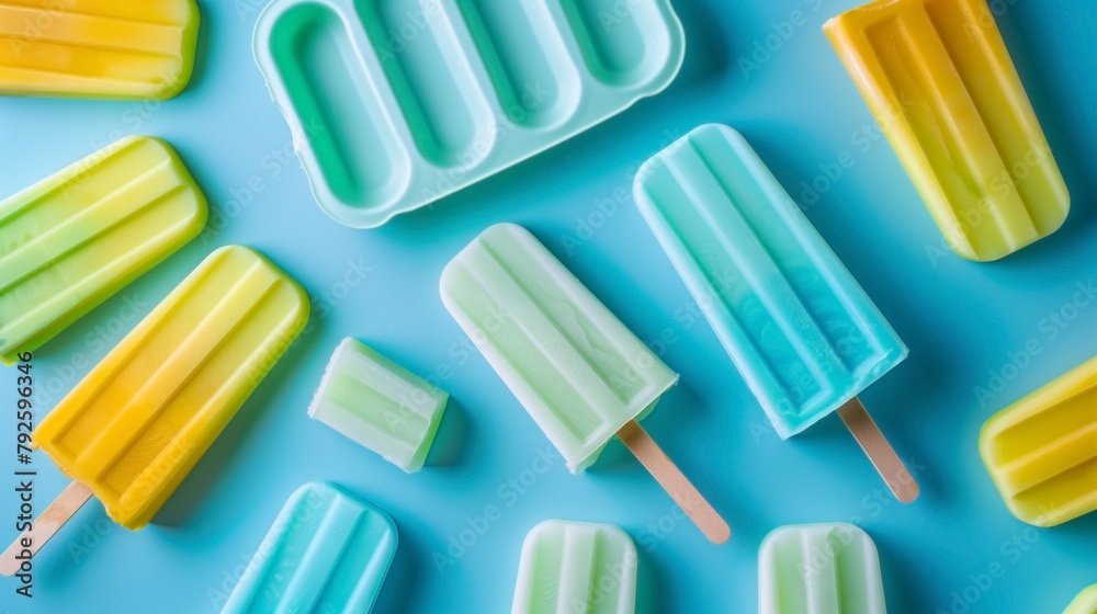 Colorful popsicles and ice pop molds arranged on a bright blue background Colorful popsicles and ice pop molds arranged on a bright blue background