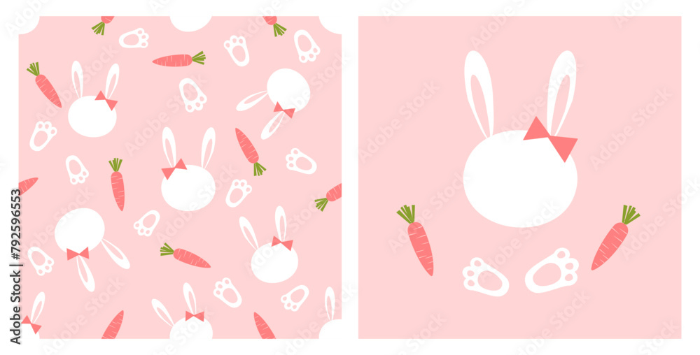 Seamless pattern with bunny rabbit cartoons, carrot and foot print on pink background vector. Seamless pattern with bunny rabbit cartoons, carrot and foot print on pink background vector.