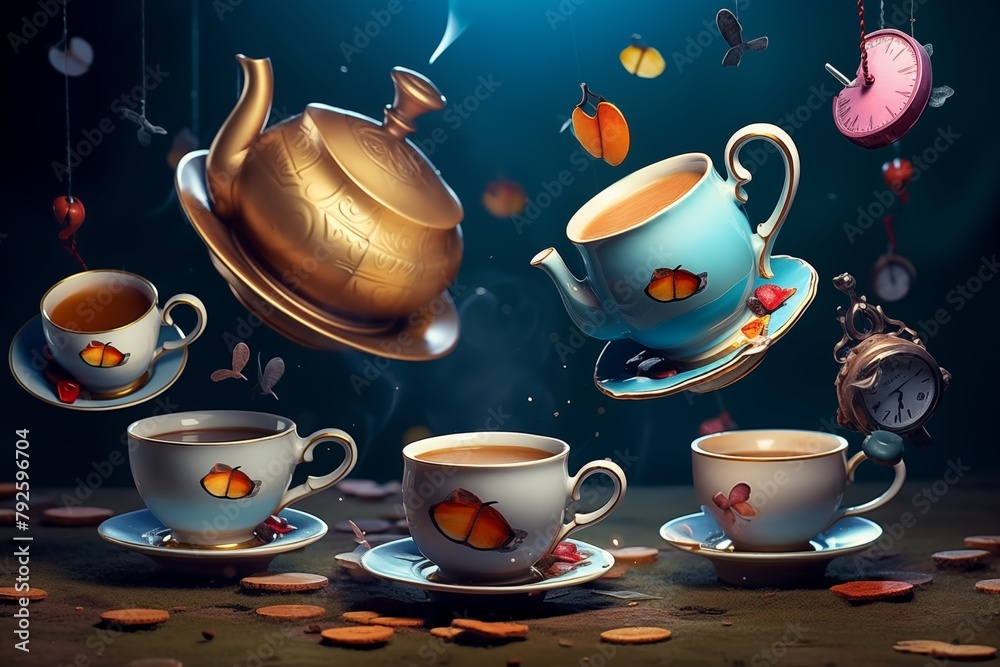 scene from Alice in Wonderland with flying teapots and cups. Tea