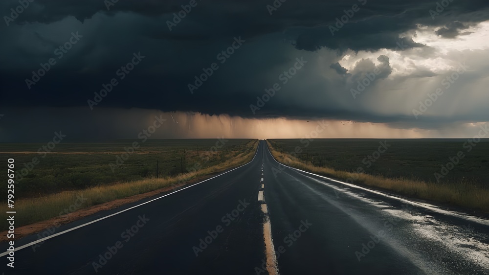 Sunset Sky and Open Asphalt Landscape for a Scenic Summer Journey, Expansive Sky and Motion on a Rural Asphalt Road at Sunset, Open Highway with a Car in Motion on a Field-Lined Landscape Under Clouds
