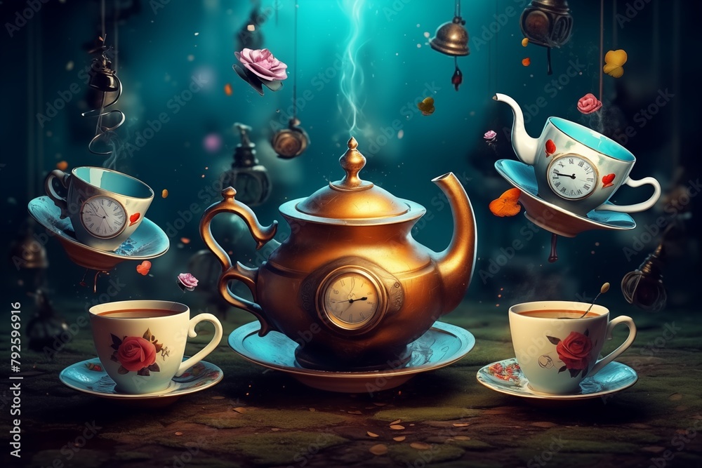 scene from Alice in Wonderland with flying teapots and cups. Tea