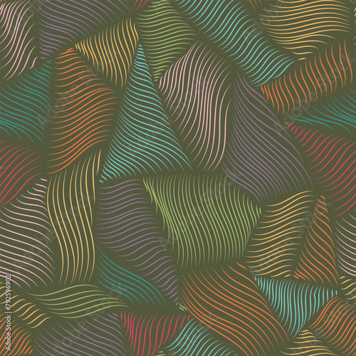 Surreal wavy endless yarn texture of colorful geometric shapes. Abstract muted line pattern with 3D effect.