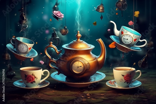 scene from Alice in Wonderland with flying teapots and cups. Tea pouring from flying teapots into floating cups