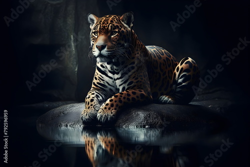 jaguar sitting on a rock in the dark with a reflection in the water