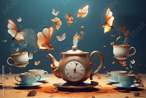 scene from Alice in Wonderland with flying teapots and cups. Tea pouring from flying teapots into floating cups photo