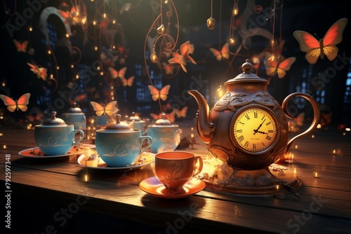 scene from Alice in Wonderland with flying teapots and cups. Tea pouring from flying teapots into floating cups photo