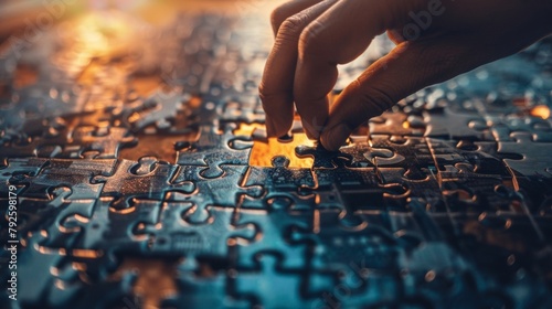 A hand reaches out carefully adding the final piece to a complex puzzle representing the satisfaction of a successful data ysis and solution. . photo