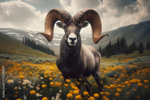rocky mountain bighorn standing in a field of yellow flowers with a large horn