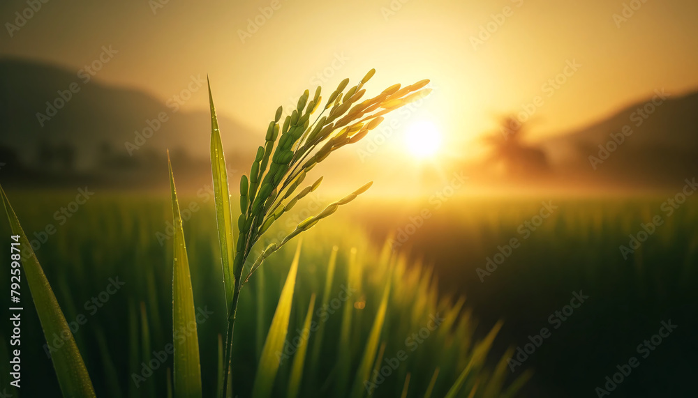 A highly detailed of a single rice stalk in the foreground, with young green grains that are not yet ripe A highly detailed of a single rice stalk in the foreground, with young green grains that are not yet ripe