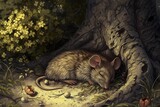 cartoon illustration, a mouse sleeping under a tree