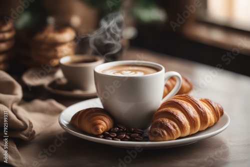 'cup coffee croissants breakfast croissant hot drink beverage bread morning fresh fruit alimentary orange meal food continental table mug white liquid aroma bakery snack sweet baked dessert' photo