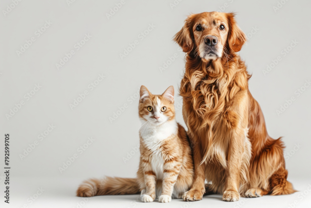 Dog and Cat sitting together against beige background. Pets posing and looking at camera. Friendship between dog and cat.