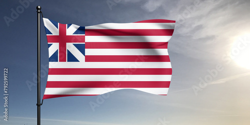 United States national flag cloth fabric waving on beautiful grey sky Background.