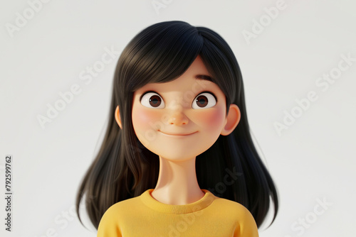 Smiling Asian cartoon character young woman female person with long black hair in 3d style design on light background. Human people feelings expression concept © Cherstva
