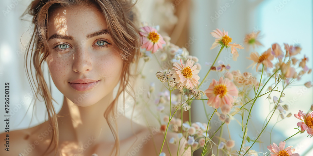 Portrait of attractive woman holding flowers copy space deciding isolated over yellow pastel color background 