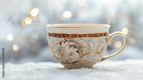 A delicate tea cup sitting on a windowsill, overlooking a starry night sky
