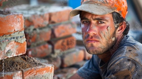 A determined bricklayer pauses for a breather a determined look in his eye as he prepares to continue his laborious task. . photo