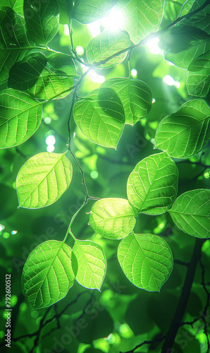 Bask in the radiant beauty of lush green leaves as sunlight gently caresses their vibrant surface. Each leaf is a testament to nature's abundance, bursting with vitality and freshness. The interplay o