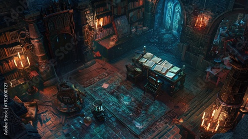 Majestic view of secluded study chambers lined with tomes of forbidden knowledge, a cabal of sorcerers plotting over a magical map, candles flickering, RPG game scene photo