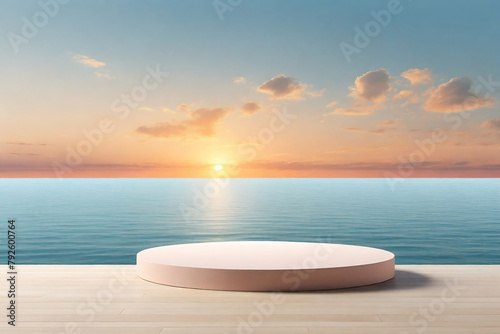 Empty podium on wooden floor with sea and sunset background. 3d render