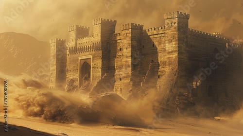 Imposing stone fortress in a desolate wasteland, with sand swirling around its massive walls and battlements, ideal for fantasy RPG adventure scenes.